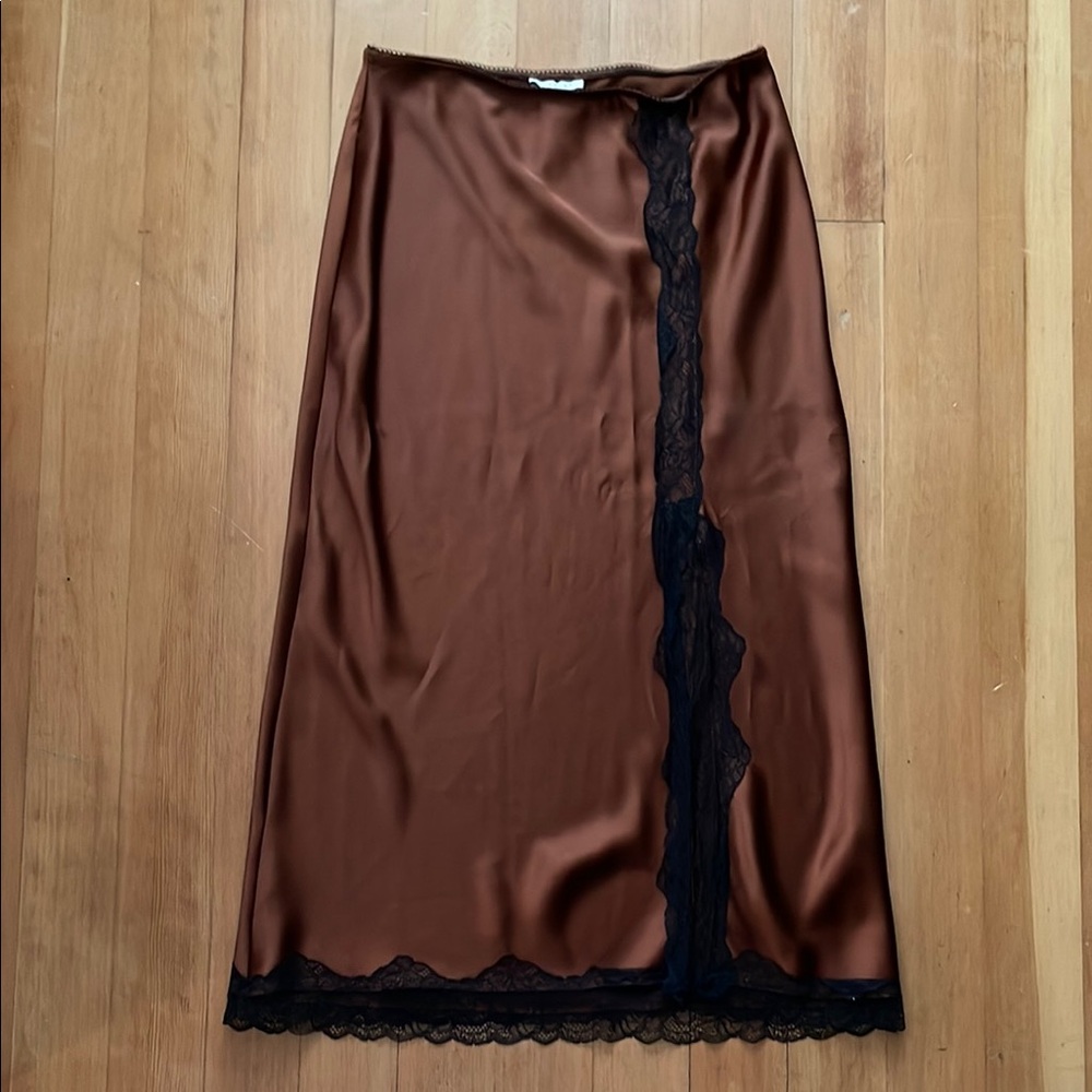 Topshop Brown Satin Skirt with Black Lace Trim and Slip